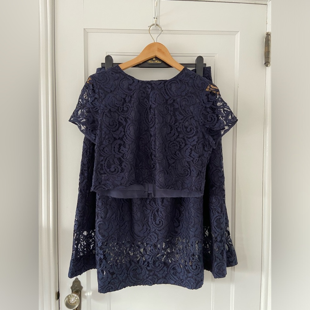 J. Crew floral lace crop top and A-line skirt in navy, sizes 12 and 14